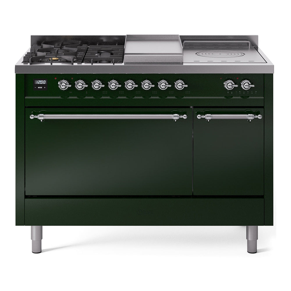 Emerald green range with 5 burners and griddle, chrome control panel