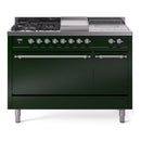 ILVE Nostalgie II 48-Inch Natural Gas Dual Fuel Range with 5 Burners, Griddle, & French Top, with Solid Door Oven in Emerald Green with Chrome Trim (UP48FSQNMPEGC)