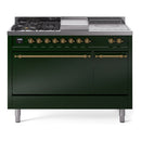 ILVE Nostalgie II 48-Inch Propane Gas Dual Fuel Range with 5 Burners, Griddle, & French Top, with Solid Door Oven in Emerald Green with Brass Trim (UP48FSQNMPEGGLP)
