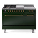 ILVE Nostalgie II 48-Inch Natural Gas Dual Fuel Range with 5 Burners, Griddle, & French Top, with Solid Door Oven in Emerald Green with Brass Trim (UP48FSQNMPEGG)
