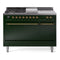 ILVE Nostalgie II 48-Inch Natural Gas Dual Fuel Range with 5 Burners, Griddle, & French Top, with Solid Door Oven in Emerald Green with Brass Trim (UP48FSQNMPEGG)
