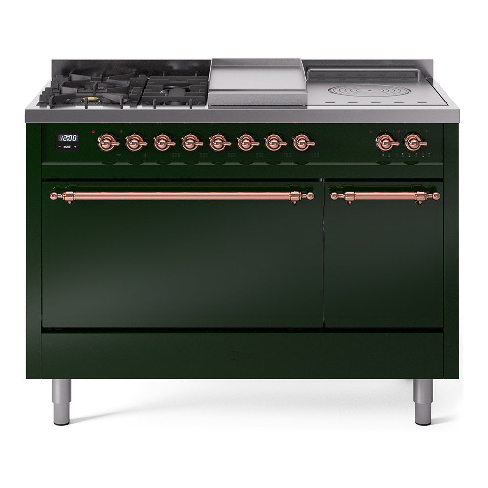 Emerald green dual-fuel gas range with copper-trimmed knobs and solid door oven