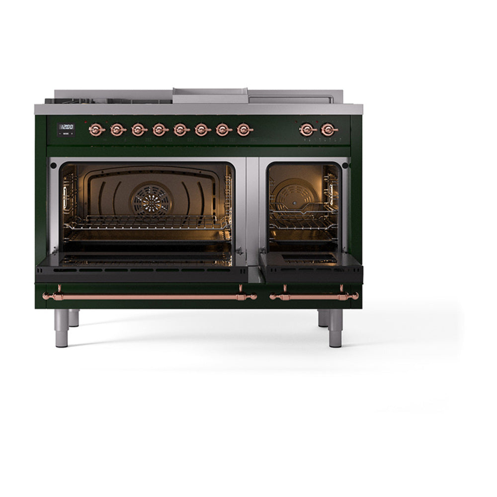 Dual fuel range with two open oven doors, visible racks and burner interior