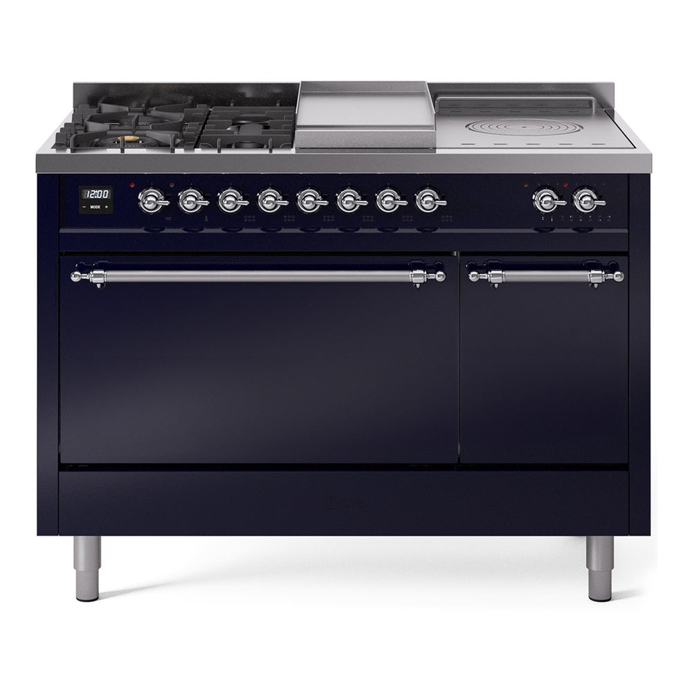 Midnight blue dual-fuel range with five burners, chrome trim, and two oven doors