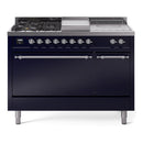 ILVE Nostalgie II 48-Inch Natural Gas Dual Fuel Range with 5 Burners, Griddle, & French Top, with Solid Door Oven in Midnight Blue with Chrome Trim (UP48FSQNMPMBC)