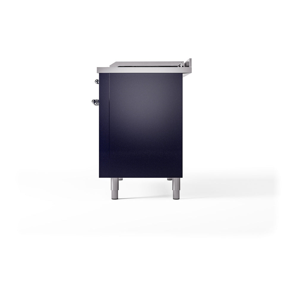 Matte graphite side panel of a dual fuel range with chrome trim and feet.