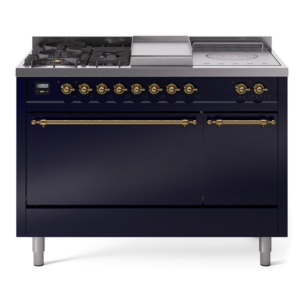 Midnight blue dual fuel range front with brass control knobs, griddle, and burners