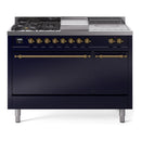 ILVE Nostalgie II 48-Inch Natural Gas Dual Fuel Range with 5 Burners, Griddle, & French Top, with Solid Door Oven in Midnight Blue with Brass Trim (UP48FSQNMPMBG)