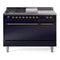 ILVE Nostalgie II 48-Inch Natural Gas Dual Fuel Range with 5 Burners, Griddle, & French Top, with Solid Door Oven in Midnight Blue with Brass Trim (UP48FSQNMPMBG)