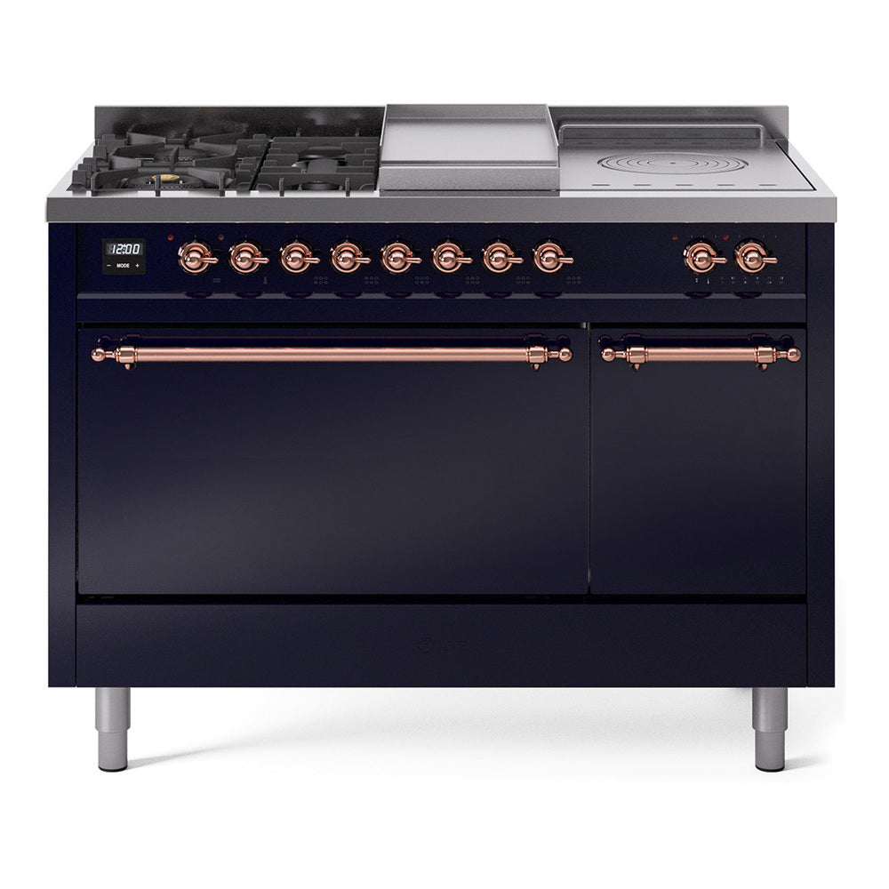 Midnight blue dual-fuel range with copper-trimmed burners, griddle, and French top