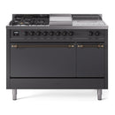 ILVE Nostalgie II 48-Inch Propane Gas Dual Fuel Range with 5 Burners, Griddle, & French Top, with Solid Door Oven in Matte Graphite with Bronze Trim (UP48FSQNMPMGBLP)