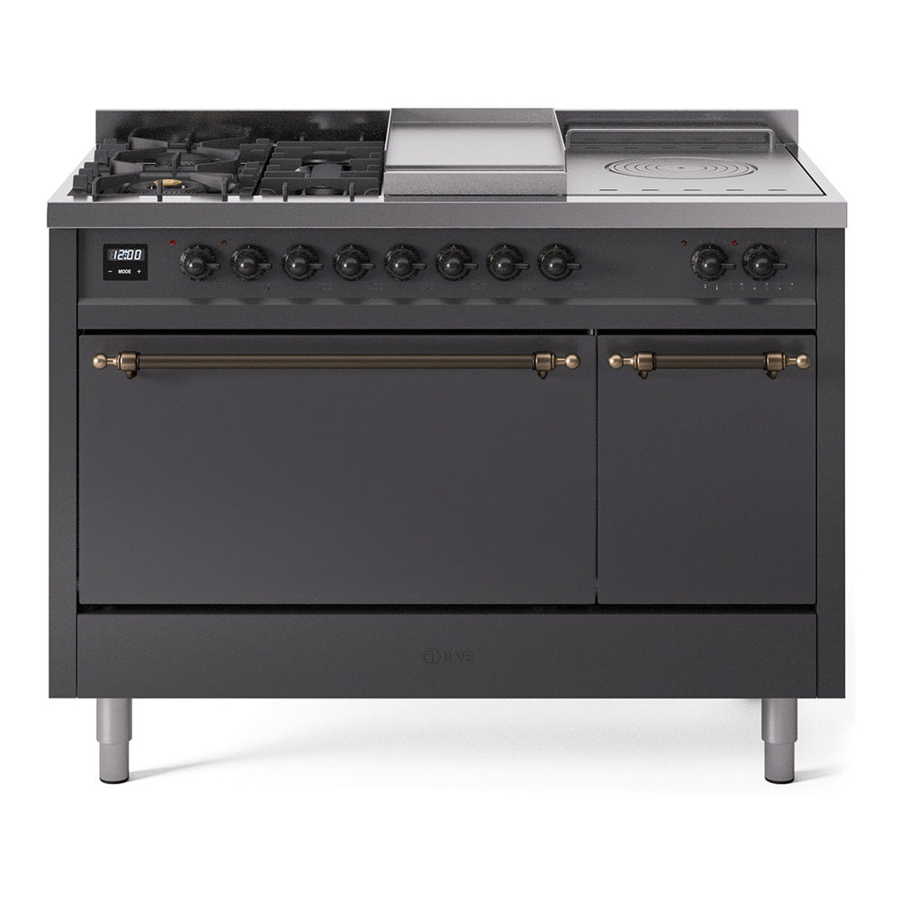 Matte graphite gas range with bronze-trim knobs, burners, griddle, French top, solid-door oven