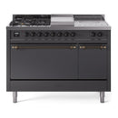 ILVE Nostalgie II 48-Inch Natural Gas Dual Fuel Range with 5 Burners, Griddle, & French Top, with Solid Door Oven in Matte Graphite with Bronze Trim (UP48FSQNMPMGB)
