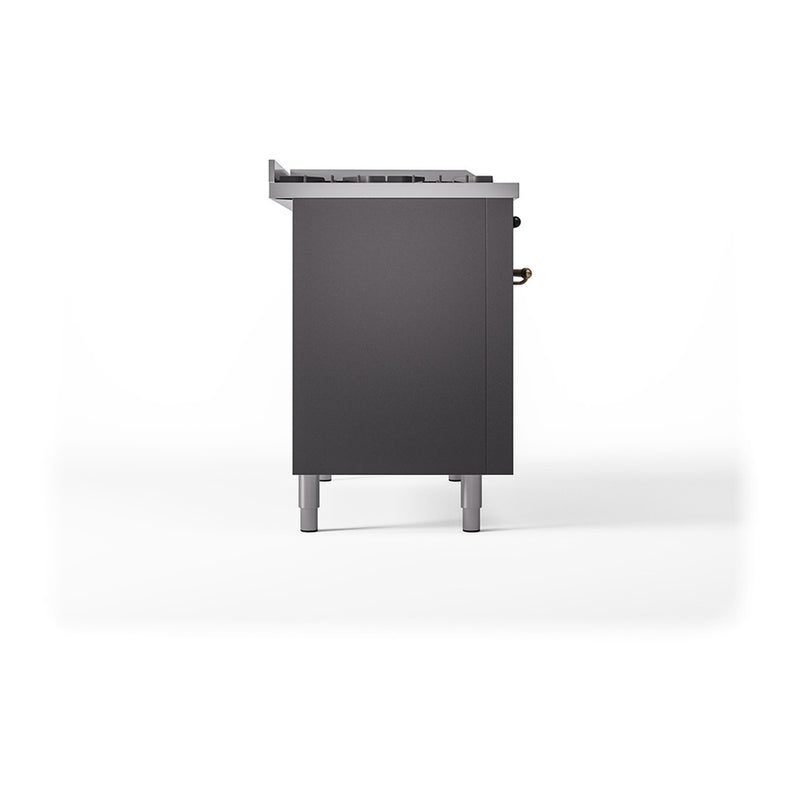 ILVE Nostalgie II 48-Inch Dual Fuel Range with 5 Burners, Griddle, & French Top, with Solid Door Oven in Matte Graphite with Bronze Trim (UP48FSQNMPMGB)