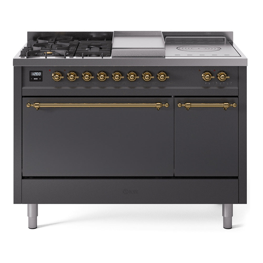 Dual fuel range front view with burners, built-in griddle, and solid oven door, graphite