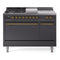 ILVE Nostalgie II 48-Inch Natural Gas Dual Fuel Range with 5 Burners, Griddle, & French Top, with Solid Door Oven in Matte Graphite with Brass Trim (UP48FSQNMPMGG)