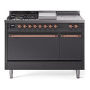 ILVE Nostalgie II 48-Inch Propane Gas Dual Fuel Range with 5 Burners, Griddle, & French Top, with Solid Door Oven in Matte Graphite with Copper Trim (UP48FSQNMPMGPLP)