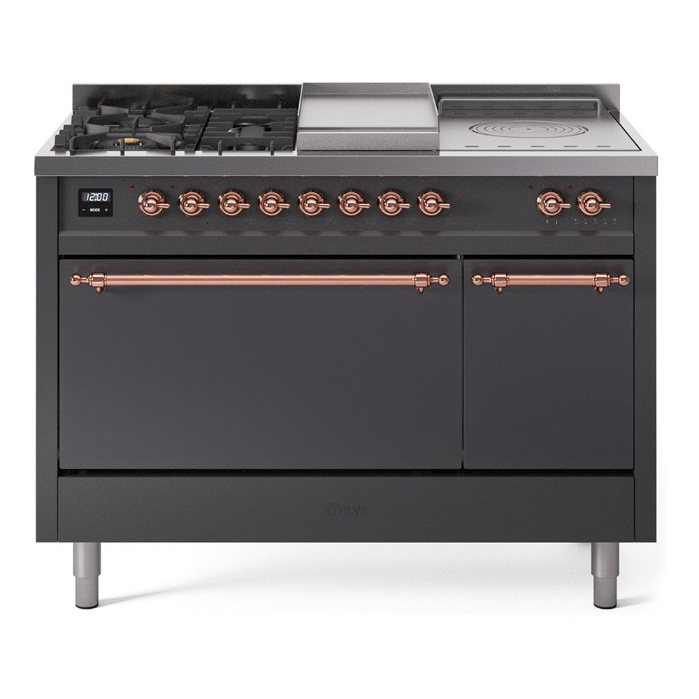 Matte graphite dual fuel range with copper-trim control knobs and five gas burners