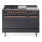 ILVE Nostalgie II 48-Inch Natural Gas Dual Fuel Range with 5 Burners, Griddle, & French Top, with Solid Door Oven in Matte Graphite with Copper Trim (UP48FSQNMPMGP)
