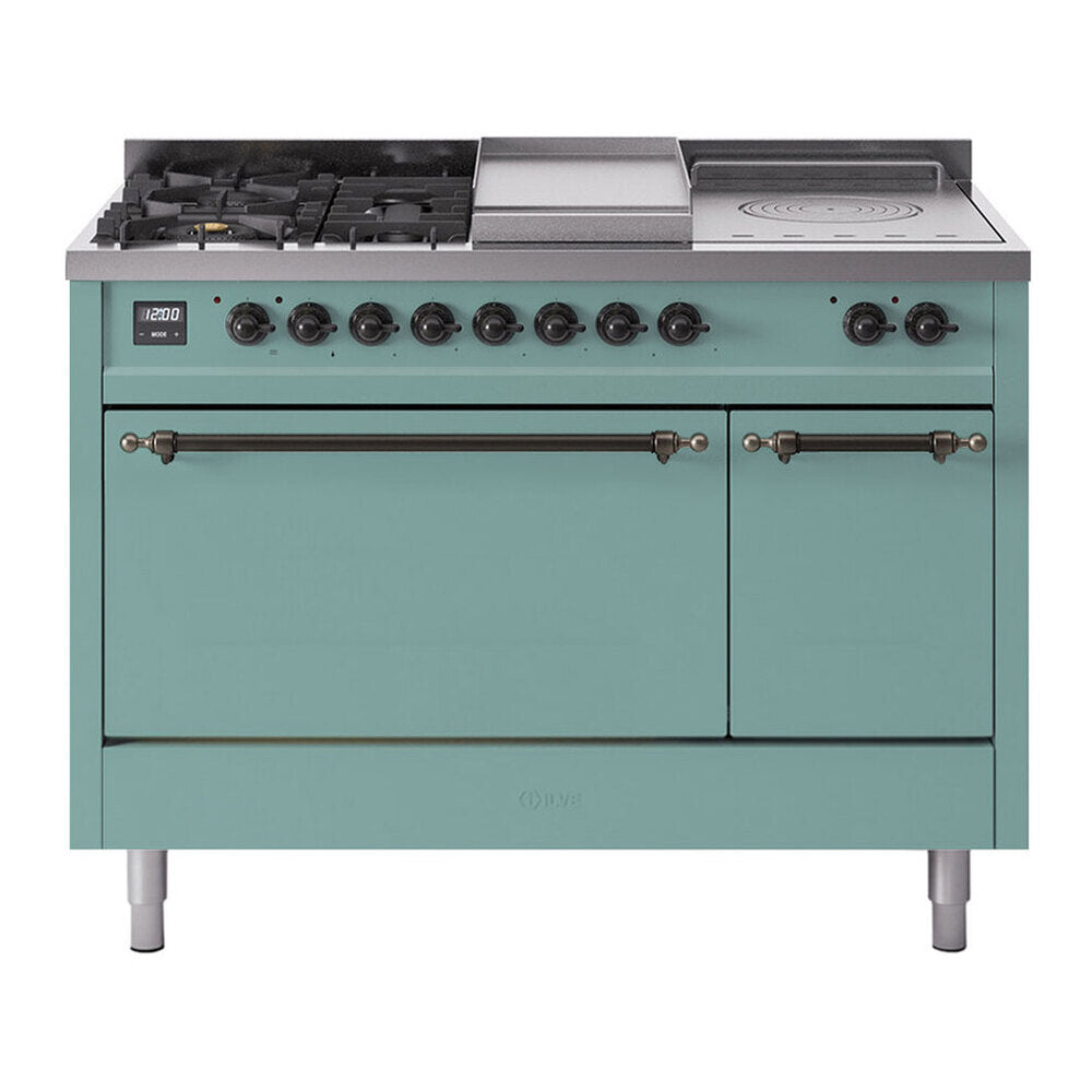 ILVE Nostalgie II 48-Inch Propane Gas Dual Fuel Range with 5 Burners, Griddle, & French Top, with Solid Door Oven in Mediterranean Mint with Burnished Bronze Trim (UP48FSQNMPMMBLP)