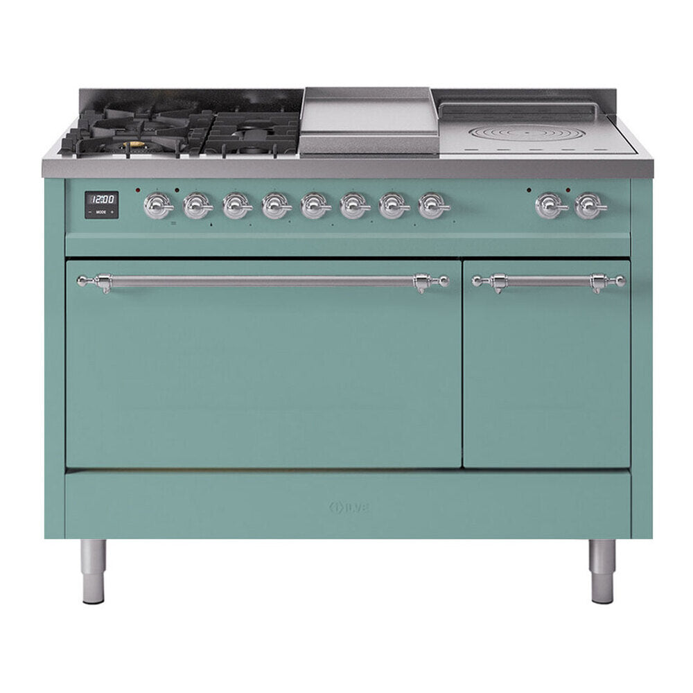 ILVE Nostalgie II 48-Inch Propane Gas Dual Fuel Range with 5 Burners, Griddle, & French Top, with Solid Door Oven in Mediterranean Mint with Chrome Trim (UP48FSQNMPMMCLP)