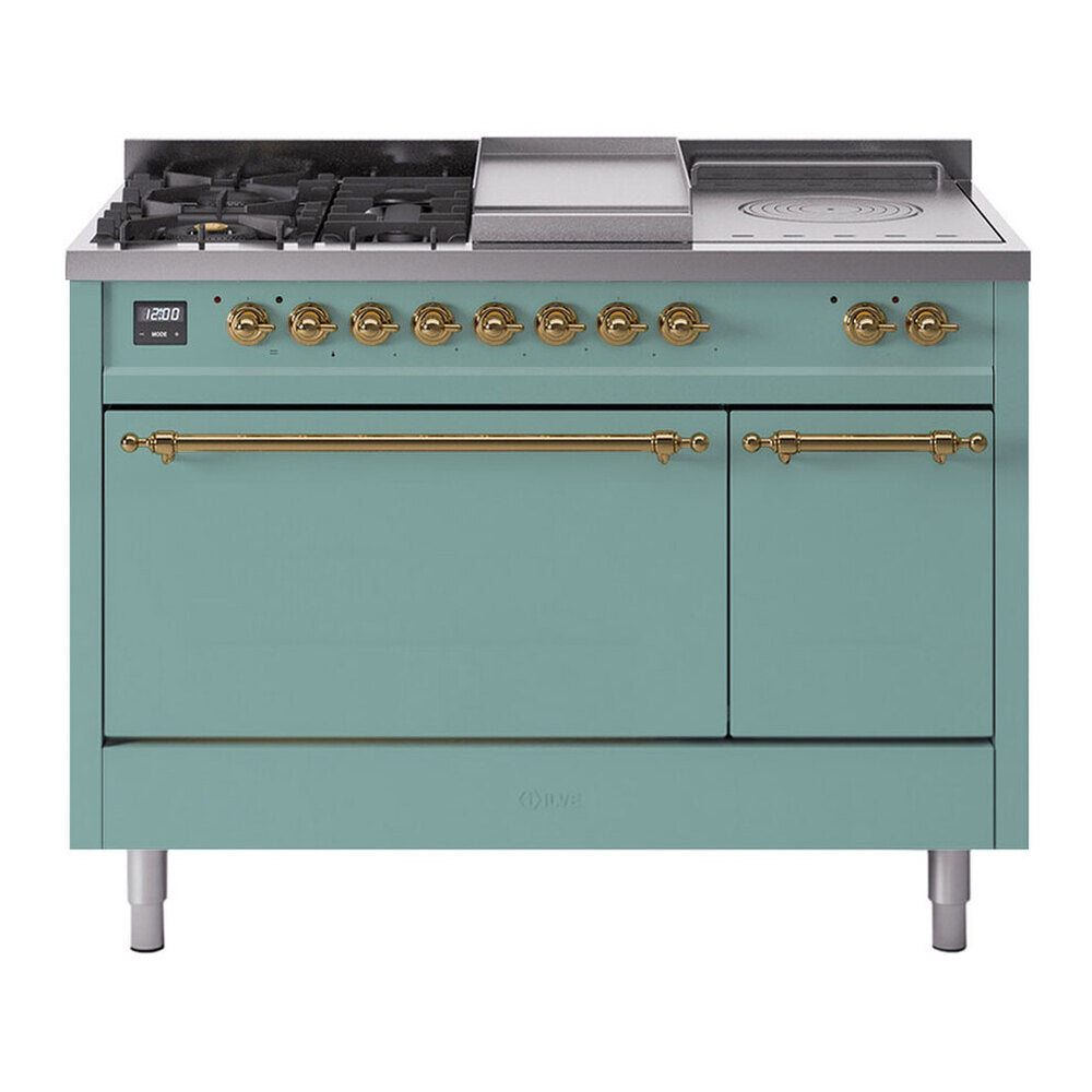 ILVE Nostalgie II 48-Inch Propane Gas Dual Fuel Range with 5 Burners, Griddle, & French Top, with Solid Door Oven in Mediterranean Mint with Brass Trim (UP48FSQNMPMMGLP)