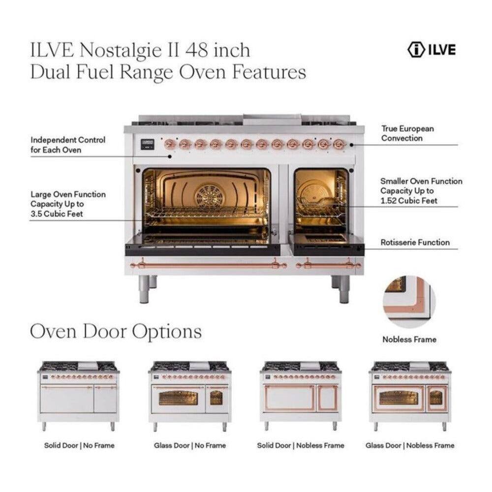 ILVE Nostalgie II 48-Inch Propane Gas Dual Fuel Range with 5 Burners, Griddle, & French Top, with Solid Door Oven in Mediterranean Mint with Brass Trim (UP48FSQNMPMMGLP)