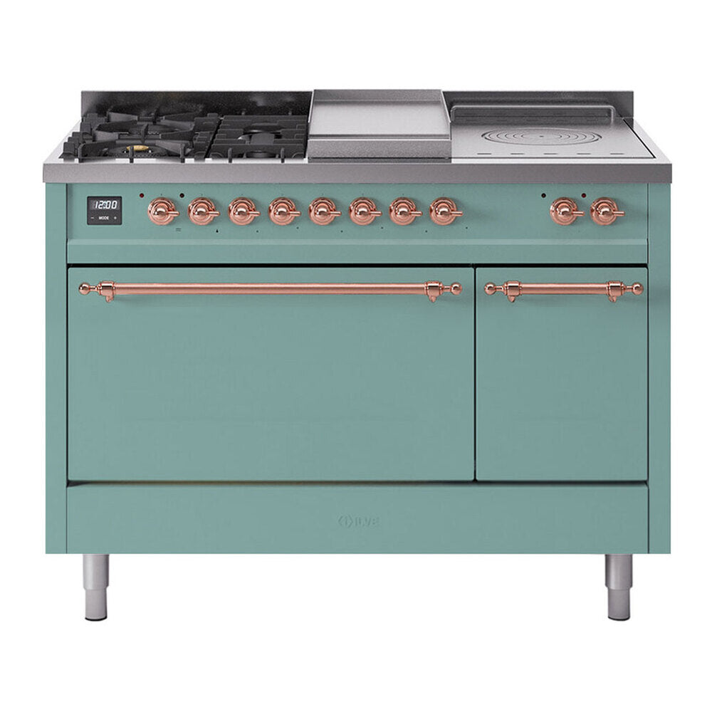 ILVE Nostalgie II 48-Inch Propane Gas Dual Fuel Range with 5 Burners, Griddle, & French Top, with Solid Door Oven in Mediterranean Mint with Copper Trim (UP48FSQNMPMMPLP)