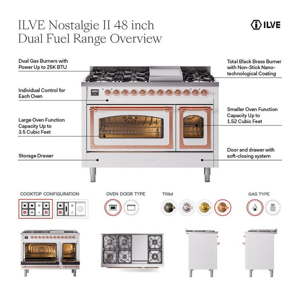ILVE Nostalgie II 48-Inch Natural Gas Dual Fuel Range with 5 Burners, Griddle, & French Top, with Solid Door Oven in Mediterranean Mint with Copper Trim (UP48FSQNMPMMP)