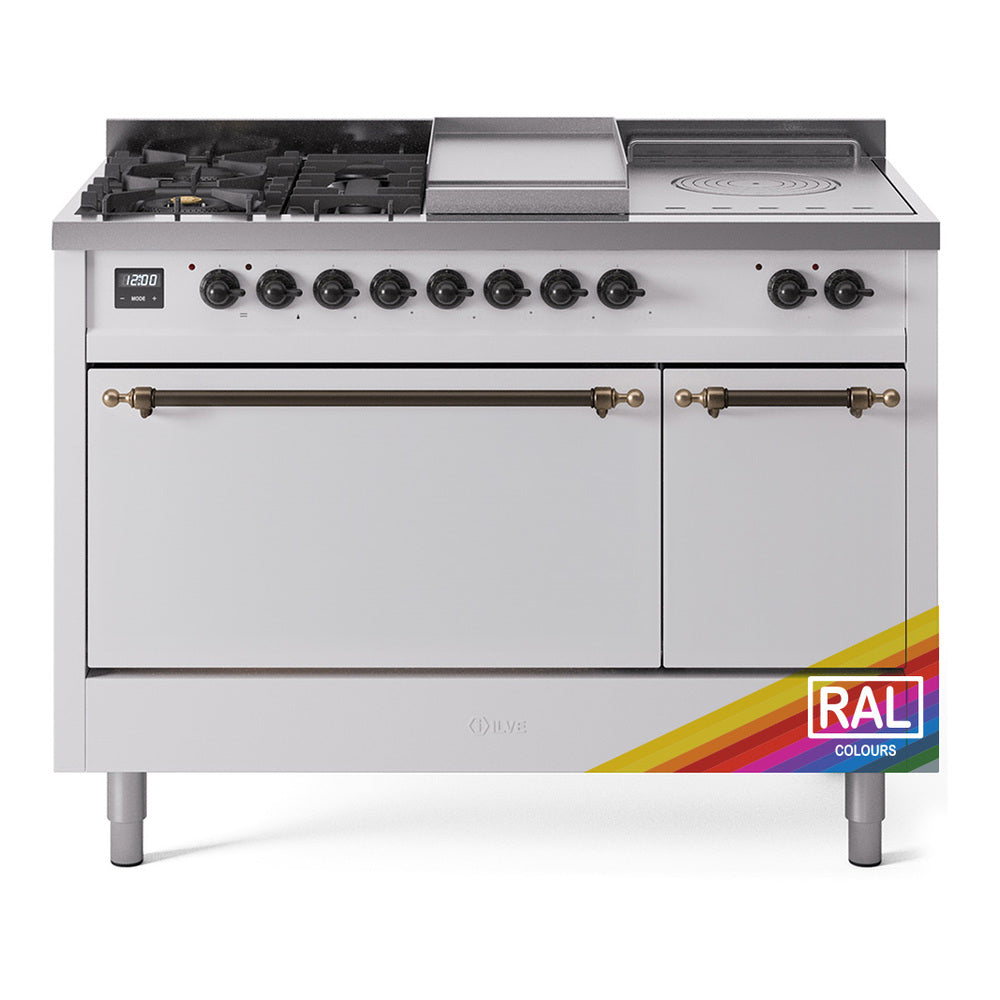 Dual-fuel range with bronze-trim doors, five burners, griddle and French top, white exterior