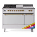 ILVE Nostalgie II 48-Inch Propane Gas Dual Fuel Range with 5 Burners, Griddle, & French Top, with Solid Door Oven in RAL with Brass Trim (UP48FSQNMPRAGLP)