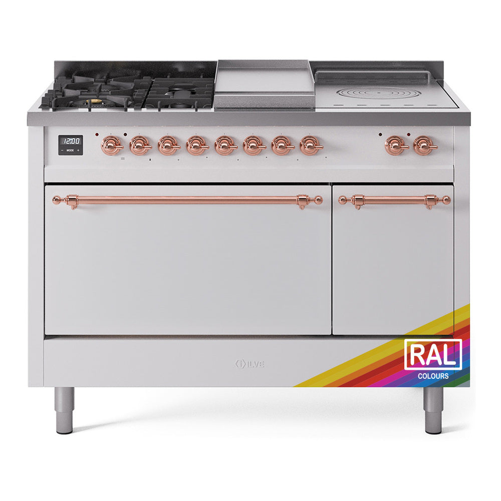 ILVE dual fuel range with griddle, French top, copper knobs and trim, solid doors