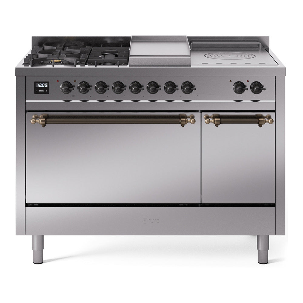 Stainless steel range with 5 burners, griddle, French top, and two solid oven doors