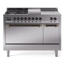 ILVE Nostalgie II 48-Inch Propane Gas Dual Fuel Range with 5 Burners, Griddle, & French Top, with Solid Door Oven in Stainless Steel with Bronze Trim (UP48FSQNMPSSBLP)