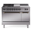 ILVE Nostalgie II 48-Inch Natural Gas Dual Fuel Range with 5 Burners, Griddle, & French Top, with Solid Door Oven in Stainless Steel with Bronze Trim (UP48FSQNMPSSB)