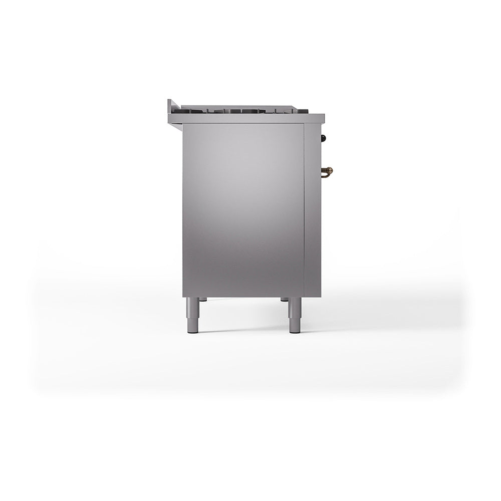 Stainless steel range with solid door oven, bronze-trim side panel, and legs