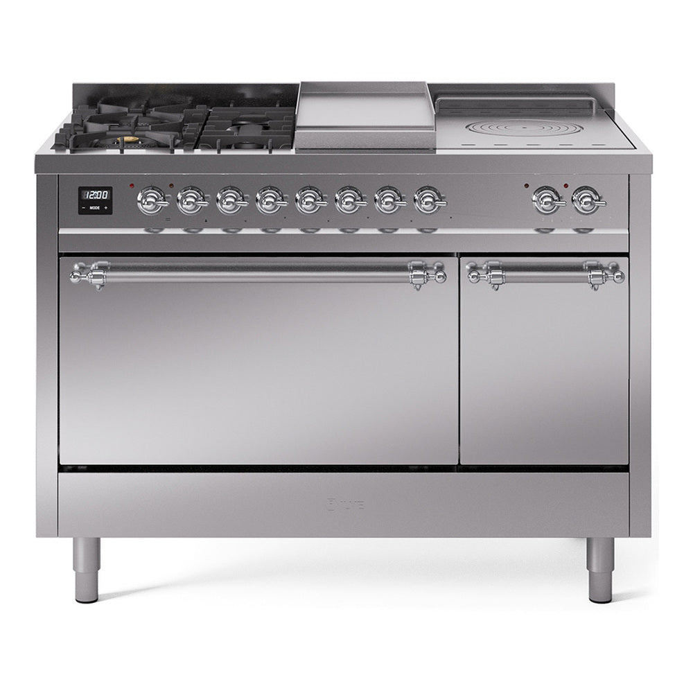 Stainless steel gas dual-fuel range with 5 burners and griddle
