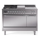 ILVE Nostalgie II 48-Inch Propane Gas Dual Fuel Range with 5 Burners, Griddle, & French Top, with Solid Door Oven in Stainless Steel with Chrome Trim (UP48FSQNMPSSCLP)