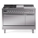 ILVE Nostalgie II 48-Inch Natural Gas Dual Fuel Range with 5 Burners, Griddle, & French Top, with Solid Door Oven in Stainless Steel with Chrome Trim (UP48FSQNMPSSC)