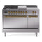 ILVE Nostalgie II 48-Inch Natural Gas Dual Fuel Range with 5 Burners, Griddle, & French Top, with Solid Door Oven in Stainless Steel with Brass Trim (UP48FSQNMPSSG)