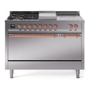 ILVE Nostalgie II 48-Inch Natural Gas Dual Fuel Range with 5 Burners, Griddle, & French Top, with Solid Door Oven in Stainless Steel with Copper Trim (UP48FSQNMPSSP)