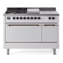 ILVE Nostalgie II 48-Inch Propane Gas Dual Fuel Range with 5 Burners, Griddle, & French Top, with Solid Door Oven in White with Bronze Trim (UP48FSQNMPWHBLP)