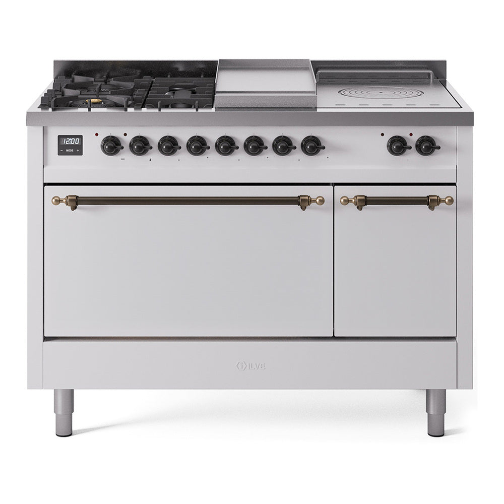 White dual-fuel range with five black burners, control knobs, and bronze trim