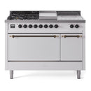 ILVE Nostalgie II 48-Inch Natural Gas Dual Fuel Range with 5 Burners, Griddle, & French Top, with Solid Door Oven in White with Bronze Trim (UP48FSQNMPWHB)