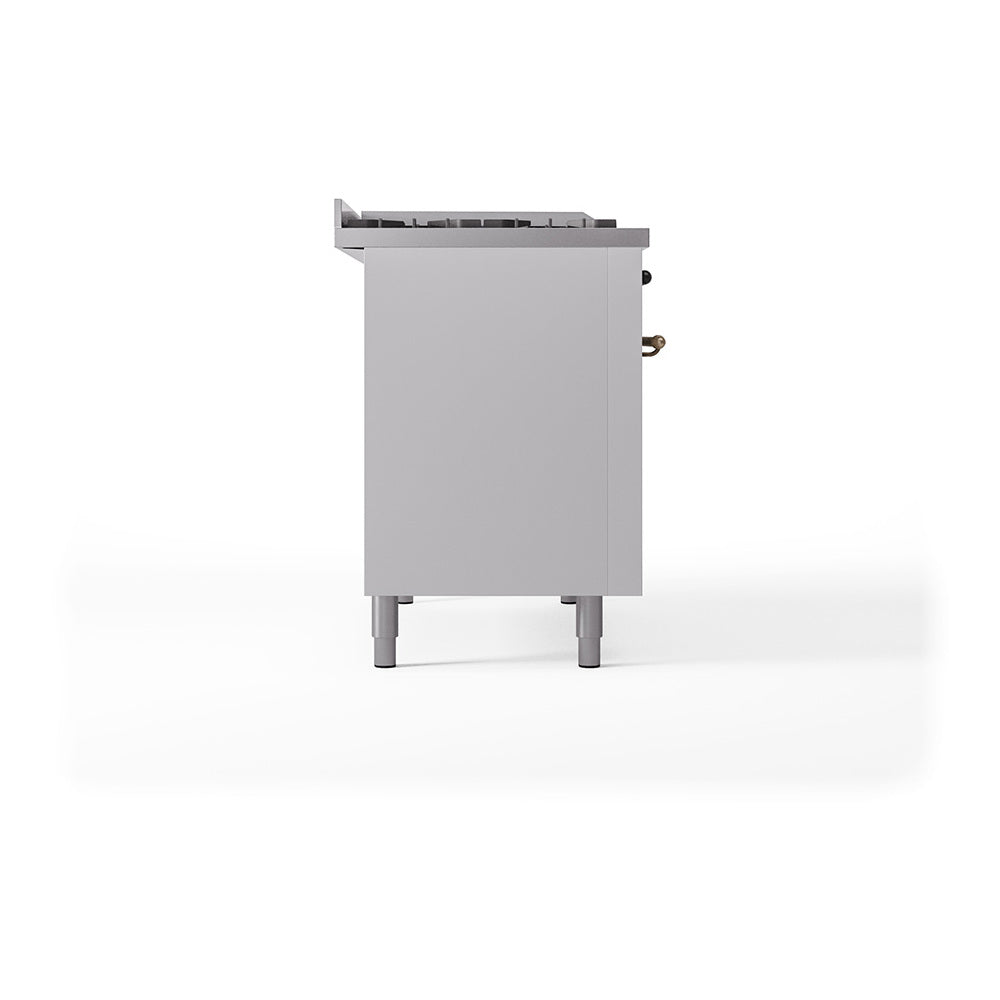 White dual-fuel range with closed side panel, bronze knob details, raised legs.