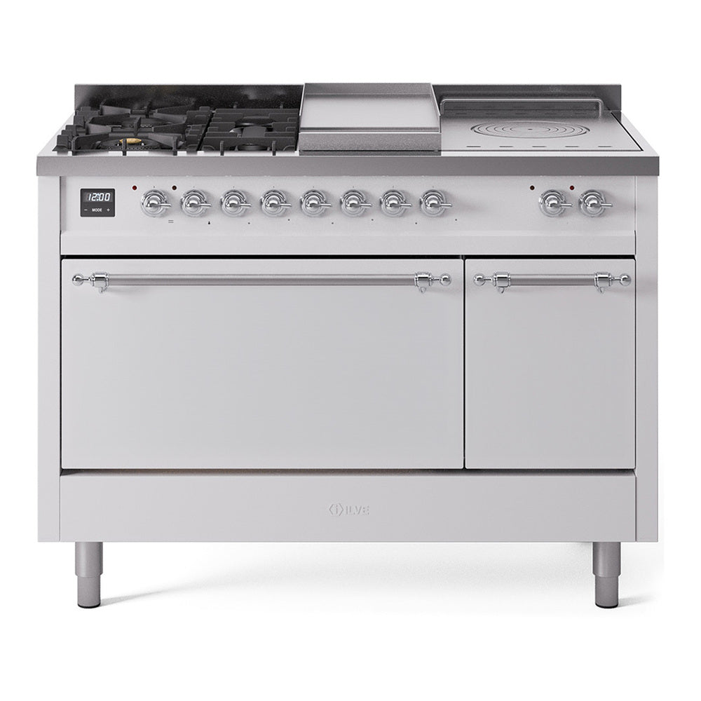 White dual-fuel gas range front with control knobs, oven door, and griddle surface