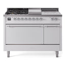 ILVE Nostalgie II 48-Inch Propane Gas Dual Fuel Range with 5 Burners, Griddle, & French Top, with Solid Door Oven in White with Chrome Trim (UP48FSQNMPWHCLP)