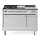 ILVE Nostalgie II 48-Inch Natural Gas Dual Fuel Range with 5 Burners, Griddle, & French Top, with Solid Door Oven in White with Chrome Trim (UP48FSQNMPWHC)