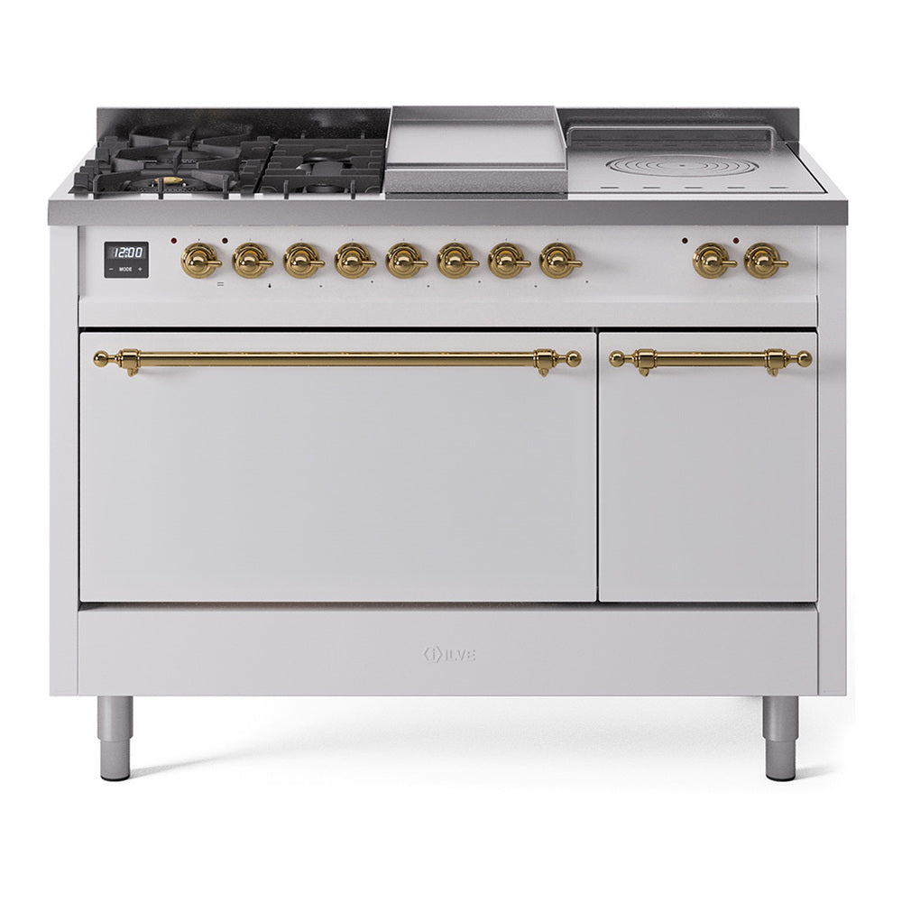 White dual fuel range front with burners, griddle, and brass knob controls