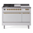 ILVE Nostalgie II 48-Inch Propane Gas Dual Fuel Range with 5 Burners, Griddle, & French Top, with Solid Door Oven in White with Brass Trim (UP48FSQNMPWHGLP)
